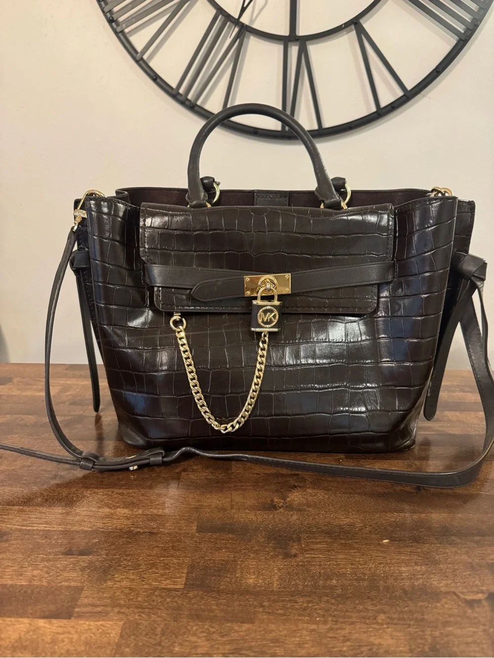 Michael Kors Dark Brown Croc-Embossed Leather Satchel with Gold Hardware